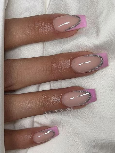 light pink and silver double french tip nails Double French Tip Nails, Double French Tip, Nails Pink Chrome, Barbiecore Nails, Basic Manicure, Pink French Tip Nails, Glitter French Nails, Pink French Manicure, Barbie Pink Nails