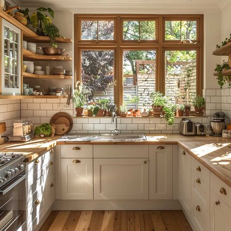 7+ Bright White U Shaped Kitchen Ideas for a Fresh Look • 333k+ Inspiring Lifestyle Ideas & Images Good Accent Kitchen, Kitchen Shaped U, White Small House Interiors, Kitchen Windows That Open Out, Farmhouse U Shaped Kitchen, Different Style Kitchens, Sink Not Centered Under Window, Bright Cottage Kitchen, Simple Classic Kitchen Design