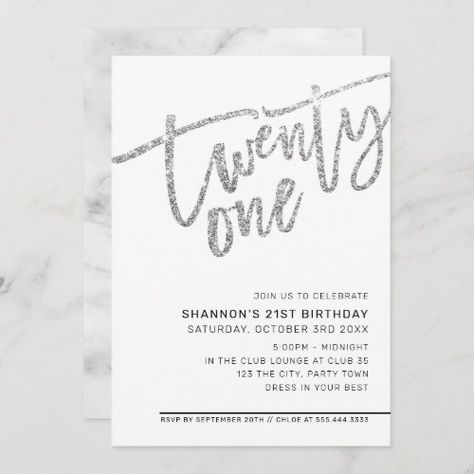 $2.92 | MODERN SCRIPT 21st birthday party silver glitter | Birthday Invitations | minimalist, party invite, simple, sophisticated, 21st birthday party, fancy, glitter, pretty, glamorous, stylish 21st Invitations, 77th Birthday, Silver Invitation, 21st Birthday Party, 21st Birthday Invitations, Personal Stationery, Silver Birthday, Glitter Invitations, Birthday Text