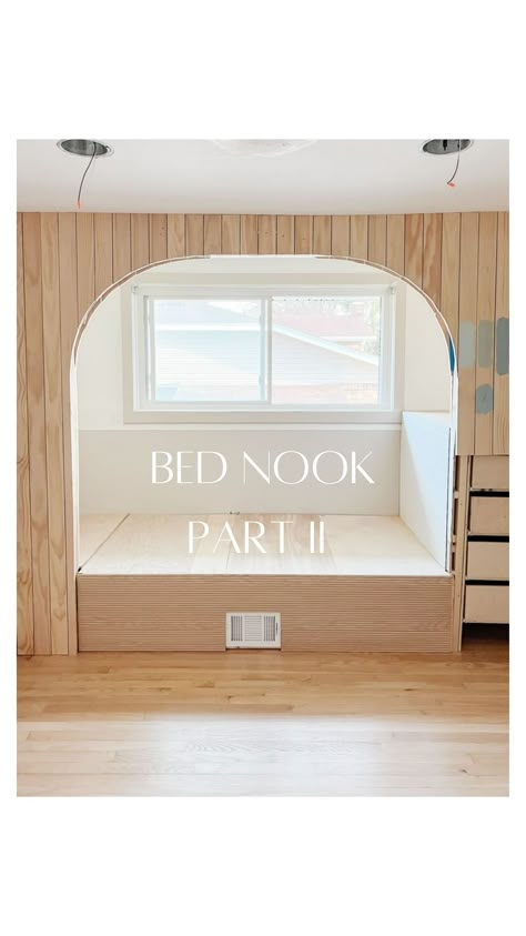 Bed Nook - Part ll ✨ There’s still a lot up my sleeve for this project, and we haven’t even gotten to the fun stuff yet! Follow along for… | Instagram Diy Built In Bed Nook, Built In Bed With Closet, Window Nook Bed, Closet Turned Into Bed Nook, Closet Into Bed Nook, Bed Between Bookshelves, Built In Beds For Kids Small Room, Bed In Window Nook, Day Bed Nook