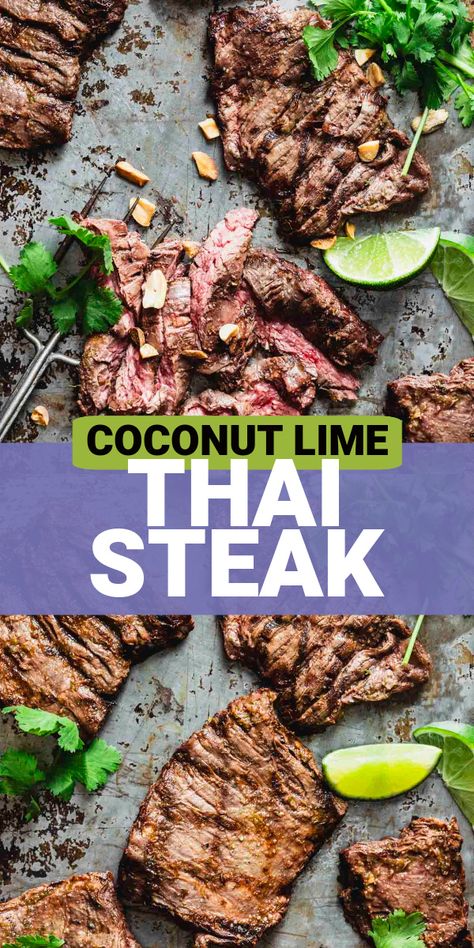 This Thai coconut lime grilled skirt steak is so juicy and flavorful! Even better, this easy steak recipe requires less than 15 minutes of hands on prep work! The steak is marinated in an easy Coconut Lime mixture that gives it a wonderful light and zesty Thai-inspired flavor. You’ll also find some easy tricks on how to get great results with grilled skirt steak! Healthy Skirt Steak Recipes Dinners, Skirt Steak Meal Prep, Easy Steak Recipe, Thai Steak, Thai Bbq, Skirt Steak Marinade, Marinade Flank Steak, Barbecue Recipes Grill, Skirt Steak Recipes