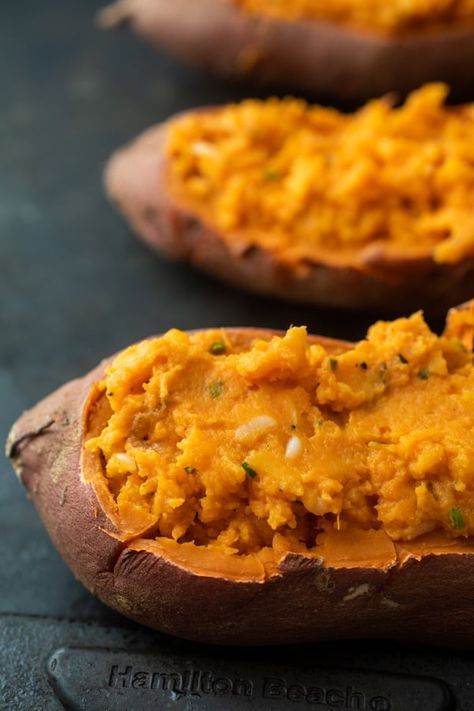 These are the ultimate double baked Sweet Potatoes! Packed with cheese, bacon, and herbs, these are the perfect side dish to almost any meal! macheesmo.com #sweetpotatoes #baked #bacon Double Stuffed Sweet Potatoes, Hassleback Sweet Potatoes, Double Baked Potatoes, Sweet Potato Recipes Baked, Baked Sweet Potatoes, Sweet Potato Skins, Sheet Pan Dinners Chicken, Baked Bacon, Baked Sweet Potato