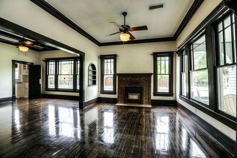 creamy walls, dark trim White Doors Black Trim Interior, White Wall Brown Trim, White Walls With Dark Wood Trim, Black Interior Trim Moldings, White Walls With Brown Trim, Wood Trim On Walls, Black Wall Trim, White Walls Brown Trim, Brown Baseboards