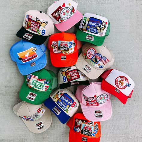 our patched truckers >>> a mix of vintage, eclectic, colorful & fun patches make our hats extra special 🫶🏼 launching tonight (7.25) @ 8pm cst!!! comment here if you want reminded 💅🏼 Hat With Patches, Trucker Hat Ideas, Hat Business, Custom Fitted Hats, Apparel Design Inspiration, Fun Patches, T Shirt 2023, Vintage Cap, Cool Patches