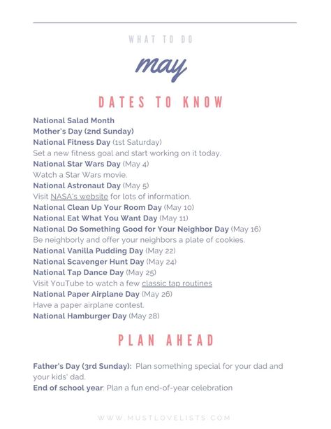 What to Do in May - Must Love Lists What To Do In April Must Love Lists, Must Love Lists, May To Do List, May Aesthetic Month, Fun Holidays To Celebrate, National Star Wars Day, May Holidays, Seasonal Bucket List, Organization Motivation