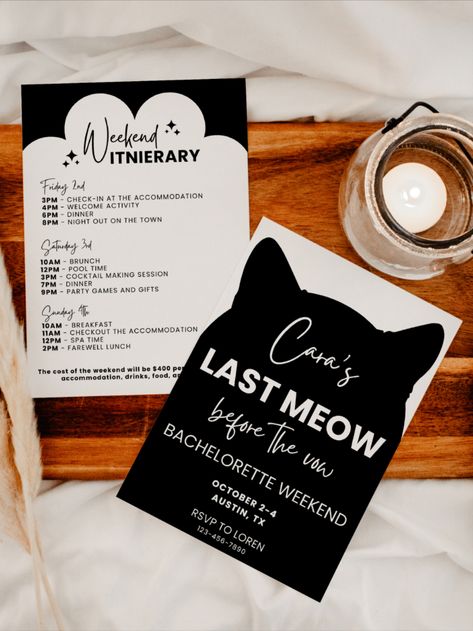 Last Meow Before The Vow Bachelorette, Last Meow Before The Vow, Cat Bachelorette, Bachelorette Invites, Bachelorette Party Invite, Party Cat, Bachelorette Weekend Invitations, The Vow, Bachelorette Invitation