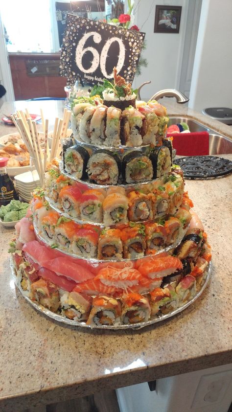 I love this cake and this idea🖤*  Sushi Birthday Cake Sushi Wedding Cake, Sushi Cakes Birthday, Cake Sushi, Birthday Sushi, Sushi Cakes, Sushi Bar Party, Sushi Birthday Party, Sushi Birthday Party Ideas, Sushi Birthday Cake