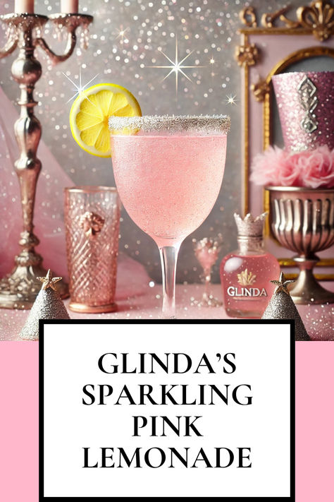 Ingredients: 1 cup sparkling pink lemonade 1/2 teaspoon elderflower syrup 1 pinch edible glitter Lemon slice for garnish  Instructions: Pour sparkling pink lemonade into a tall, elegant glass. Add the elderflower syrup and gently stir to combine. Sprinkle a pinch of edible glitter on top for sparkle. Garnish with a slice of lemon on the rim and serve immediately. Wicked Themed Drinks For Kids, Sparkling Pink Punch, Cupcakes And Cocktails Party Ideas, Pink Lemonade With Glitter, Broadway Themed Cocktails, Glitter Pink Lemonade, Wicked Inspired Mocktail, Wicked Movie Drinks, Pink Edible Glitter Drink