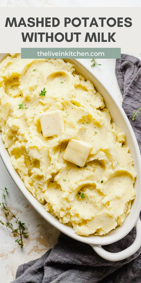 Mashed potatoes without milk are as fluffy and delicious as the original. Can be made soy free or dairy free, making them an easy crowd-pleasing addition to your Thanksgiving table or weeknight meals. Dairy Free Potatoes, Mashed Potatoes No Milk, Mashed Potatoes Without Milk, Mashed Potatoes Thanksgiving, Make Mashed Potatoes, Dairy Free Mashed Potatoes, Make Ahead Mashed Potatoes, Garlic Mashed Potatoes Recipe, Cream Cheese Potatoes