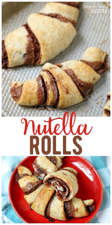 Easy 4-ingredient nutella rolls. This fun dessert / treat recipe can be prepared in just a few minutes and the warm flakey layers will taste heavenly. #Nutella #Dessert #DessertRecipes #NutellaRolls via @simplesweetrecipes Pizza Dough And Nutella, Cheap Sweet Recipes, Cream Cheese And Nutella Recipes, Pastries Recipes Easy, Nutella With Bread, Simple Fast Dessert Recipes, What To Put Nutella On, Ways To Eat Nutella, What To Do With Nutella