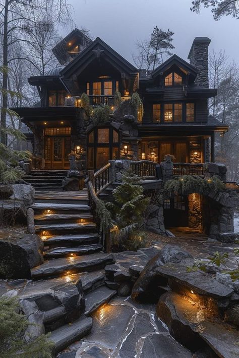 Dark House Exterior In The Woods, Dark Wood Mansion, Dark Academia House Exterior, Academia House, Morden House, Fairytale Houses, Mountain Dream Homes, Log Home Designs, Woodland House