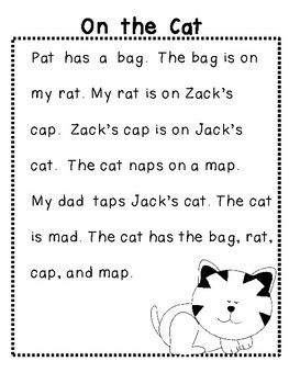 Short Stories For Kindergarten, Short A Reading, Kindergarten Comprehension Worksheets, Stories For Kindergarten, Free Phonics Printables, Phonics Poems, Short A Words, Phonics Passages, Cvc Reading