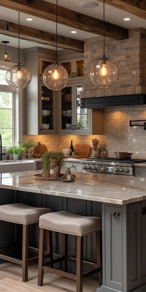 Accent Island Kitchen, Wood Kitchen Ceiling, Classy Kitchen Decor, Interesting Kitchens, Kitchen Remodel Dark, Modern Rustic Lighting, Colonial Kitchen Ideas, Kitchen Cabinets Contemporary, Dark Kitchen Countertops