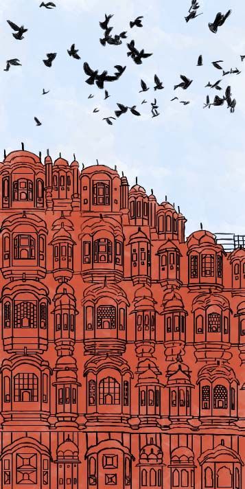 Indian Illustration Painting, Desi Patterns Illustration, Jaipur Art Paintings, Jaipur Painting Art, Hawa Mahal Drawing, Pakistan Illustration Art, Indian Patterns Illustration, Hawa Mahal Painting, Indian Monuments Paintings