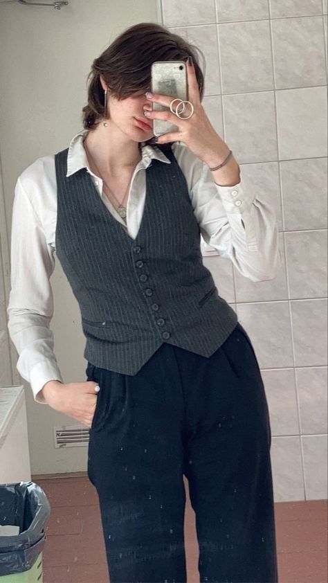 Semi Formal Outfits Gender Neutral, Formal Outfits Nonbinary, Graduation Outfit Nonbinary, Female Waistcoat Outfit, Women’s Waistcoat Suit, Masculine Semi Formal Outfits, Trans Guy Prom Outfits, Prom Outfits For Trans Guys, Pinstripe Waistcoat Outfit