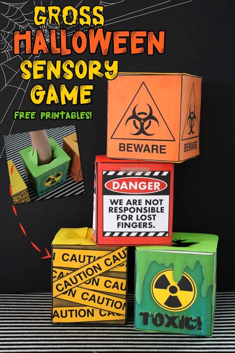 Gross Halloween sensory game made from tissue box! FREE PRINTABLES #halloween #classroomgame - A girl and a glue gun Mystery Box For Kids, Goosebumps Party, Mystery Box Ideas, Halloween Ideias, Tissue Box Crafts, Roll A Dice, Classroom Party Games, Sensory Games, Halloween Sensory