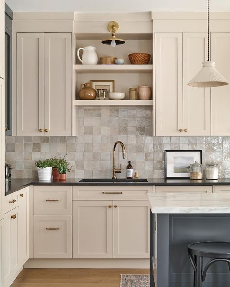 Kitchen Open Layout With Island, Kitchen Extending Into Dining Room, Painted Kitchen Cabinets Colors Black Counters, Closing Space Above Kitchen Cabinets, Modern Kitchen With White Appliances, Rh Kitchen, Timeless Kitchen Cabinets, Taupe Kitchen Cabinets, Beige Kitchen Cabinets