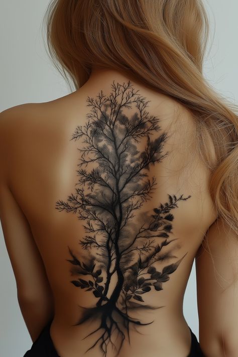 Tattoo Ideas Female Detailed, Nature Tattoo Back Piece, Forest Back Tattoo Women, Full Back Tattoo Women Cover Up, Aesthetic Spine Tattoos Women, Tree Goddess Tattoo, Ornamental Tree Tattoo, Tree Root Tattoos For Women, Forest Spine Tattoo