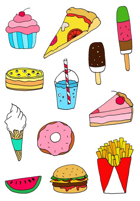 Luloveshandmade - Handlettering Portfolio #handlettering #typo #illustration #fastfood #snacks #fires #pizza #cake #popsicle #donut Typo Illustration, Donut Drawing, Pizza Cake, Kindergarden Activities, Preschool Learning Activities, Food Drawing, Foods And Drinks, Preschool Art, Art Activities