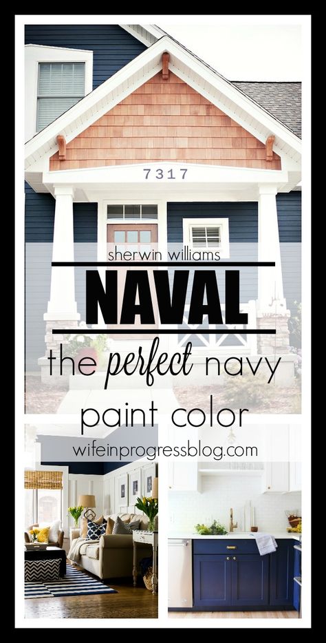 Naval by Sherwin Williams - the perfect navy blue paint color for every room in your home Sherwin Williams Navy Blue, Sherwin Williams Navy, Sherwin Williams Naval, Navy Blue Houses, Navy Paint Colors, Navy Blue Paint Colors, Exterior House Colors Sherwin Williams, Navy Blue Paint, Blue Paint Color