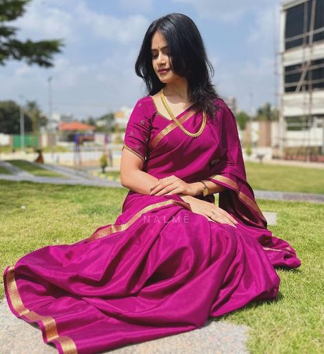 Crape Silk Saree Blouse Designs, Mysore Silk Saree Designs, Purple Mysore Silk Saree Contrast Blouse, Mysore Crepe Silk Sarees Blouse Designs, Crepe Silk Saree Blouse Designs, Plain Sarees With Designer Blouse, Ksic Mysore Silk Saree Blouse, Lavender Saree Blouse, Mysore Silk Saree Styling