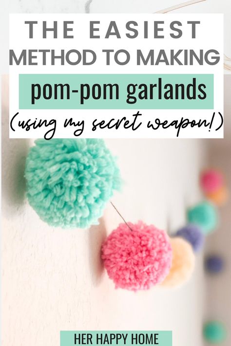 Does the idea of making pom-poms overwhelm you?  Check out my secret weapon for making the EASIEST pom-poms and a DIY Pom-Pom Banner. /pom pom garlands, pom pom maker #pompomcrafts #pompommaker Hanging Pompom Decorations, Pom Pom Rainbow Craft, Pom Pom Banner, Diy With Pom Poms Craft Ideas, Pom Pom Curtains Diy, Pompom Garland Diy, Pom Pom Room Decor, Pom Pom Crafts To Sell, Diy Pom Pom Maker