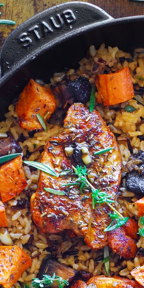 Chicken and Wild Rice with Sweet Potatoes and Mushrooms in a cast iron skillet. Roasted Herb Chicken And Wild Rice, Fall Chicken And Veggies, Fall Recipes With Sweet Potatoes, Chicken Autumn Recipes, On Budget Meals Recipes, Fall Dinner Favorites, Sweet Potatoes And Mushrooms, Meals Using Sweet Potatoes, Easy Dinner Recipes Veggies