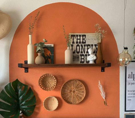 Boho Painted Arch Wall, Painted Arch Wall Coffee Bar, Colour Arch Wall, Painted Arch Behind Couch, Painted Arch With Shelf, Painted Arch Gallery Wall, Color Block Arch Wall, Painted Wall Shapes, Terracotta Arch Wall