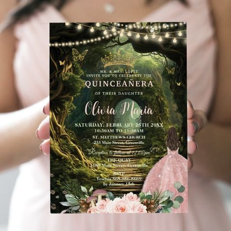 Enchanted Forest Blush Floral Quinceañera Sweet 16 Invitation - tap, personalize, buy right now! #Invitation #quincea&241;era #mis #quince #15 #invitation, Green Dress Princess, Enchanted Forest Quinceanera, Forest Emerald Green, Quince Invitations, Butterfly Invitations, Dress Quinceanera, Emerald Green Dress, 16th Birthday Invitations, Sage Green Dress