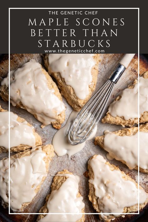 A coffee house favorite, these Maple Scones are slightly sweet, moist, tender and delicious then topped with a maple icing made with pure maple syrup. #maplescones #scones #maple #sconesrecipe #perfectscones #breakfast #baking | @thegeneticchef Starbucks Scones, Maple Scones, Oat Scones, Maple Icing, Breakfast Scones, Baking Scones, Maple Recipes, Maple Syrup Recipes, Breakfast Baking