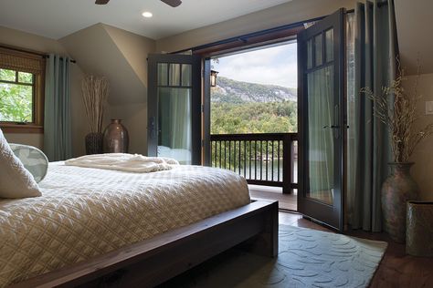 Rustic Chic Mountain Cabin -  A compact Juliet balcony just beyond the French doors in the master bedroom affords a stunning long-range view and provides the homeowners with a quiet spot for morning coffee, available from an en suite kitchenette. Photo by David Dietrich Contemporary Bedroom Design, Juliet Balcony, Craftsman Interior, Balcony Bedroom, Tuscan Design, Bedroom Views, Serene Bedroom, Bedroom Photos, Bedroom Balcony