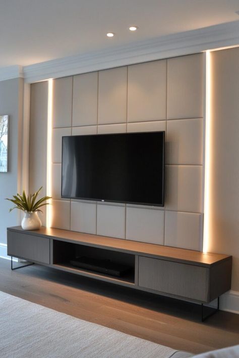 100 Stunning TV Wall Design Ideas for Your Living Room Small Wall Tv Unit Design, Modern Tv Wall Design Ideas, Unique Feature Wall, Tv Wall Design Ideas, Tv Backdrop, Wall Design Ideas, Wall Decor Contemporary, High Ceiling Living Room, Wall Accents Decor