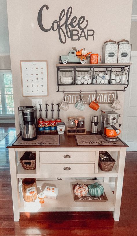 Fall coffee bar, fall decor, coffee bar, farmhouse coffee bar, teal and orange fall Renovating Apartment, Coffee Bar In Kitchen, Bar In Kitchen, Bars Ideas, Coffee Bar Ideas Kitchen Counter, Coffee/wine Bar, Coffee Mornings, Bar Farmhouse, Coffee Inspiration