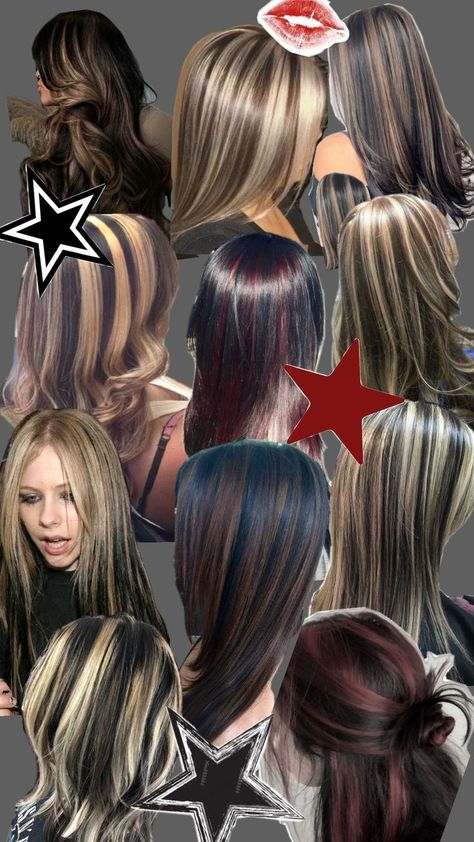 #hair #haircolour #highlights #skunkhair #2000s #aesthetic #collage #inspo #blonde #brunette #black High Contrast Chunky Highlights, Early 2000s Hair Highlights, Brown Hair With Black And Blonde Highlights, Brown Hair With Blonde Accents, Chunky Highlights 2000s, Y2k Highlights Brown Hair, Color Streak In Hair, 2000 Highlights Hair, Streak Hair Color Ideas For Black Hair