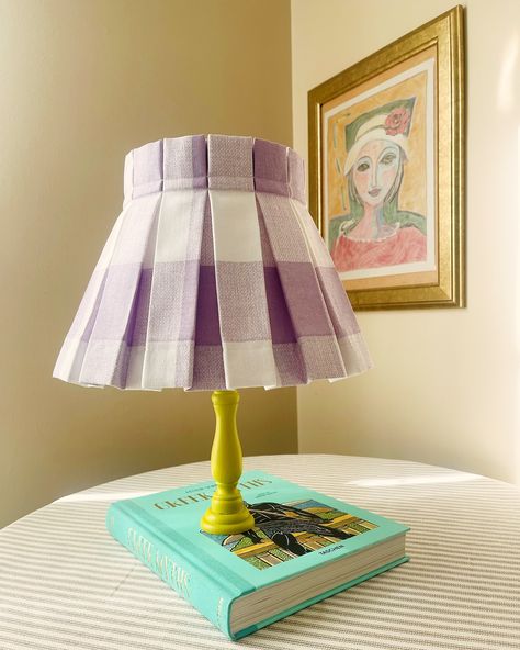 Dreamy lilac x classic plaid🤩 Our box pleat lampshade skirt brings joy to this bed side corner day☀️ and night 🌙 . . . #lampshade #cutelamp #lilaclampshade #lampshades #colorfuldecor #softpastel #softpalette #boxpleatlampshade #bedsidelamp #bedsidelamps #bedside #designerlighting #designerlamps Patterned Lampshades, Decorate Lampshade, Pleated Lamp Shades, Red Lavender, Pendant Light Kit, Natural Textiles, Pillow Fabric, Big Girl Rooms, Bolster Pillow