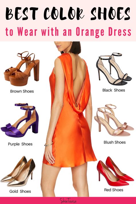 Colors That Match With Orange Outfits, Orange Dress Shoes Outfit, Orange Dress Winter Outfit, Dark Orange Dress Outfit, Orange Dress With Heels, Shoes For Burnt Orange Dress, Orange Purple Dress, Styling Orange Dress, How To Pair Orange