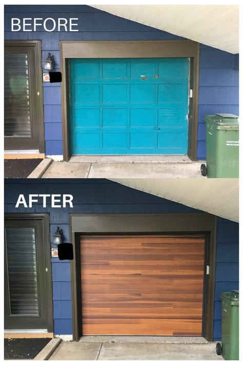 before and aftere collage of garage door replacement with faux cedar wood plank style single car garage door Faux Wood Garage Door, Diy Garage Work Bench, Diy Garage Storage Cabinets, Diy Garage Organization, Garage Design Interior, Modern Garage Doors, Wood Garage, Garage Door Insulation, Wood Garage Doors