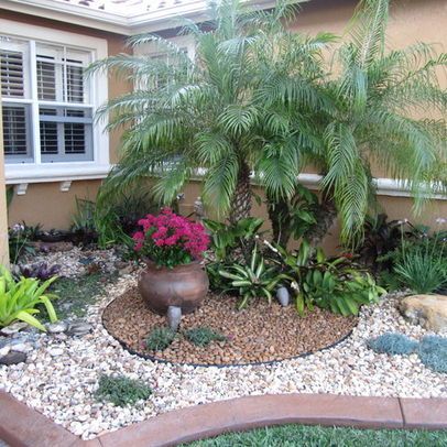 Landscape palm tree Design Ideas, Pictures, Remodel and Decor Landscape Bricks, Palm Trees Landscaping, Florida Landscaping, Small Front Yard Landscaping, Rock Garden Design, Easy Landscaping, Front Landscaping, Rock Garden Landscaping, Front Yard Garden