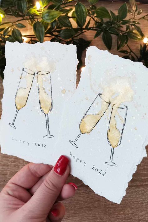 Champagne Watercolor, Watercolor Fireworks, New Year Cards Handmade, New Year Champagne, New Year's Drawings, Free Printable Christmas Cards, Watercolor Calendar, Painting 101, New Year Art