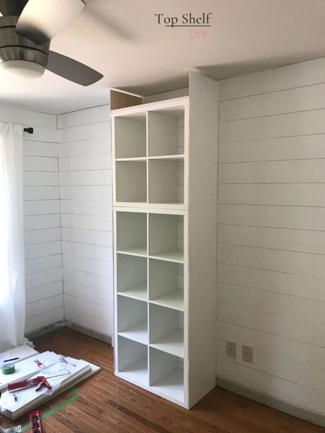 Kallax Floor To Ceiling, Floor To Ceiling Cube Storage, Kallax Storage Wall, Ikea Floor To Ceiling Storage, Homeschool Cube Storage, Stacking Kallax Shelves, Kallax Bathroom Storage, Floor To Ceiling Room Divider Ideas, Diy Storage Shelves Bedroom