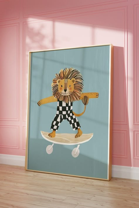 Transform your child's space with this charming lion animal print, perfect for nursery prints, kids room decor, and playroom wall art. This eclectic and colorful piece of art adds a playful and vibrant touch to any room, making it an ideal addition to your home decor. Crafted with care and attention to detail, this high-quality digital print captures the whimsical essence of the animal kingdom, creating a joyful atmosphere that both children and Fun Nursery Art, Nursery Wall Art Animals, Modern Animal Art, Navy Blue Playroom, Nursery Lion Theme, Maximalist Nursery Decor, Cool Boy Nursery, Funky Playroom, Toddler Boy Wall Decor