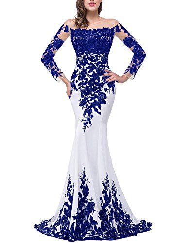 OYISHA #Women Appliqued Evening Dress Long Mermaid #Wedding Celebrity Gown EV122 White & Royal Blue 14 White Wedding Dress With Sleeves, Mermaid Lace Dress, Black And White Evening Dresses, Black And White Wedding Dress, Black Lace Evening Gown, Sequined Dresses, Wedding Celebrity, Evening Dresses Uk, Cheap Gowns