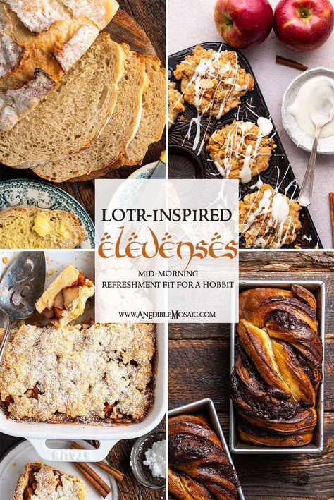 Hobbit elevenses (or morning tea) pairs a tasty baked good recipe with a cuppa for relaxing mid-morning snack. The perfect blend of fall vibes and cozy cottagecore aesthetic all wrapped up in a Tolkein-inspired hobbit meal. 🥰 Hobbit Afternoon Tea, Lord Of The Rings Movie Night Food, Hobbit Menu Ideas, Lotr Charcuterie Board, Hobbit Breakfast Recipes, Recipes From Literature, Lembas Bread Recipe Lord Of The Rings, Hobbit Inspired Food, Vegan Hobbit Recipes