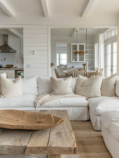 Beach Front Interior Design, Beach House Family Room Ideas, Beachy Organic Modern, Modern Ranch Home Interior, Modern Beach Shack, Beach House Great Room, Beach House Studio, Restoration Hardware Beach House, Organic Modern House Decor