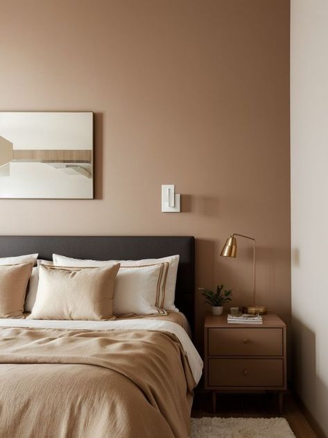 Tan Bedroom With Accent Wall, Accent Wall Bedroom Brown, Accent Wall Bedroom Neutral, Neutral Feature Wall Bedroom, Bedroom Light Brown Walls, Beige Color Room Bedrooms, Bedroom Design Terracotta, Terracotta Feature Wall Bedroom, Caramel Accent Wall