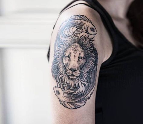 Tattoo photo - Lion and Fishs tattoo by Pavla Poppy Lion And Fish Tattoo, Pisces And Leo Tattoo Combined, Pisces Leo Tattoo, Leo Fire Tattoo, Leo And Pisces Tattoo, Lion Fish Tattoo, Lion Shoulder Tattoo, Marilyn Monroe Tattoo, Jaguar Tattoo