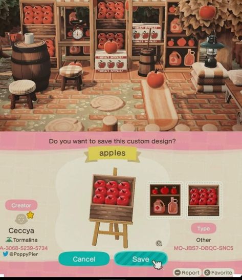 Code for barrel or bin of apples and apple cider for fall ACNH animal crossing new horizons Cottagecore Animal Crossing, Acnh Cottagecore, Animal Crossing 3ds, Ac New Leaf, Animal Crossing Guide, Animal Crossing Qr Codes Clothes, Animal Crossing Wild World, Qr Codes Animal Crossing, Animal Crossing Villagers