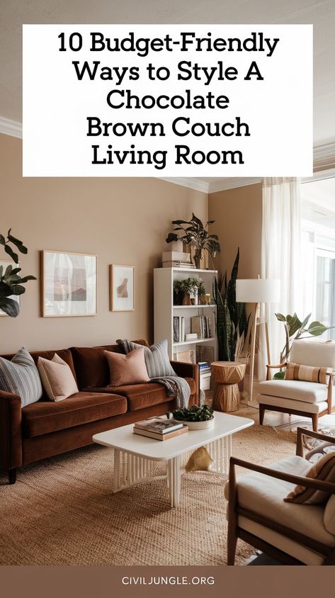 Create a beautiful, budget-friendly living room around your chocolate brown couch with these 10 decorating tips! From DIY accents to affordable rugs and lighting, these ideas will help you design a cozy, stylish space without overspending. Coffee Sofa Living Room, Chocolate Brown Couch Living Room, Living Room Designs Brown Couch, Brown Sofa Decor, Living Room Design Brown, Chocolate Brown Couch, Brown Couches, Chocolate Brown Sofa, Dark Brown Couch Living Room