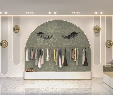 Textile Shop Interior Design, Small Boutique Decor, Small Clothing Store, Small Clothing Store Interior, Abaya Shop, Visual Merchandising Fashion, Small Dressing Rooms, Stores Design, Mint Green Walls