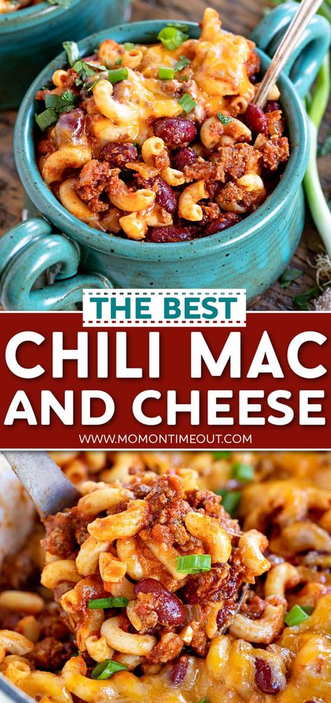 Chili Mac and Cheese is a hearty, homey, comfort food dish that is a tasty combination of classic chili and mac and cheese. This Chili Mac recipe is a delicious easy dinner that can be on the table in 30 minutes which makes it a total winner for busy weeknights as well as game day. // Mom On Timeout Study Meals, Chili Mac And Cheese Recipe, Easy Chili Mac, Chili Mac Recipe, Old Fashioned Goulash, The Best Chili, Chili Mac And Cheese, Mom On Timeout, Classic Chili